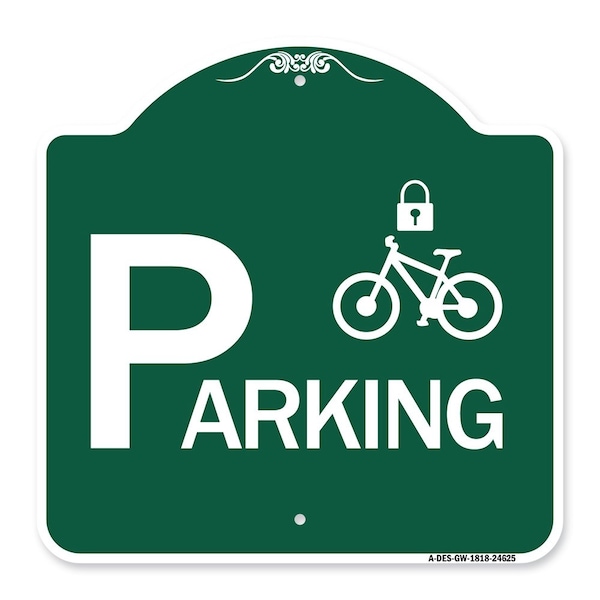 Parking With Cycle and Lock, Green & White Aluminum Architectural Sign, 18" x 18", GW-1818-24625